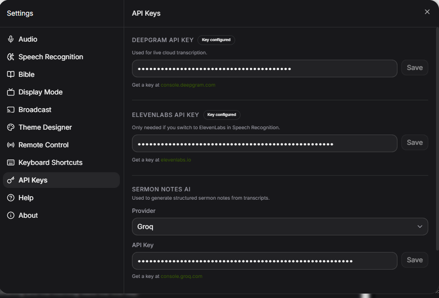 TajiCast API Keys settings showing fields for Deepgram, ElevenLabs and the sermon notes AI provider