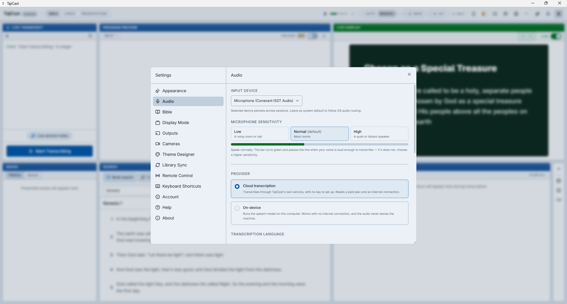 TajiCast Settings, Audio: the input device, a microphone sensitivity of Low, Normal or High with a live level bar, and the Provider choice between Cloud transcription and On-device