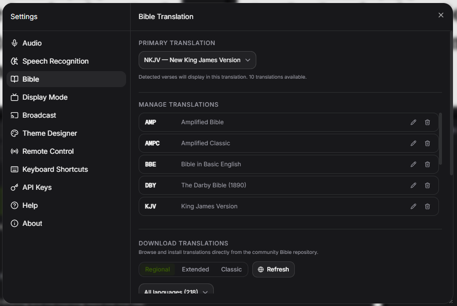 TajiCast Bible translation settings showing the primary translation picker and installed translations