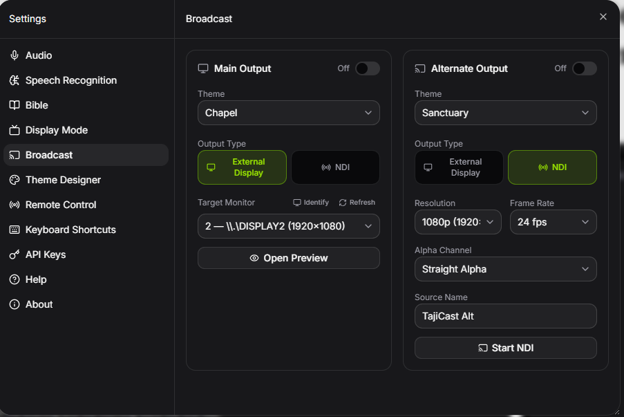 TajiCast Broadcast settings with Main Output set to External Display and Alternate Output set to NDI