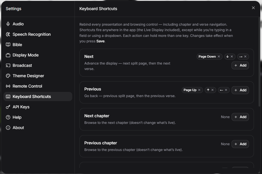 TajiCast keyboard shortcut settings showing rebindable Next and Previous actions
