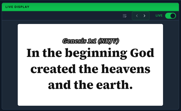 The TajiCast Live Display panel showing a verse on air, with the split control, page arrows and the LIVE toggle
