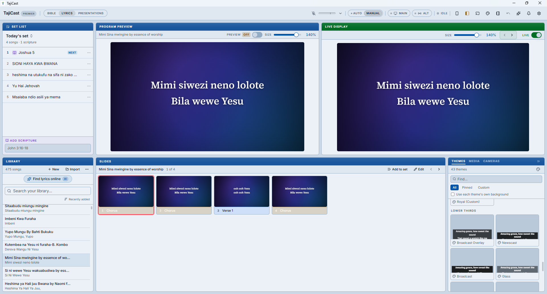 The TajiCast Lyrics workspace: today's set list on the left, the song library beneath it, Program Preview and Live Display with the Size slider, the song's slides along the bottom, and the themes, media and cameras panel on the right