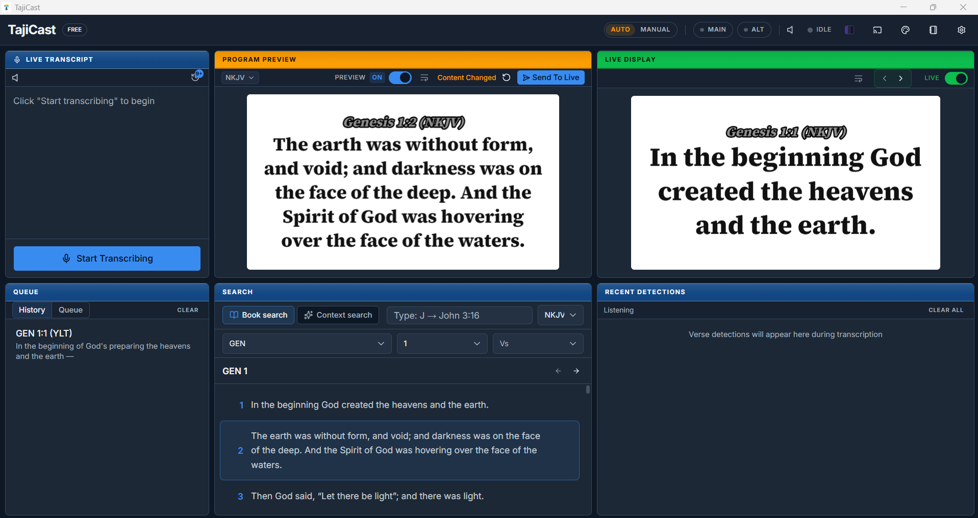 The TajiCast dashboard showing the live transcript, Program Preview with Send To Live, the Live Display, the queue, verse search and recent detections