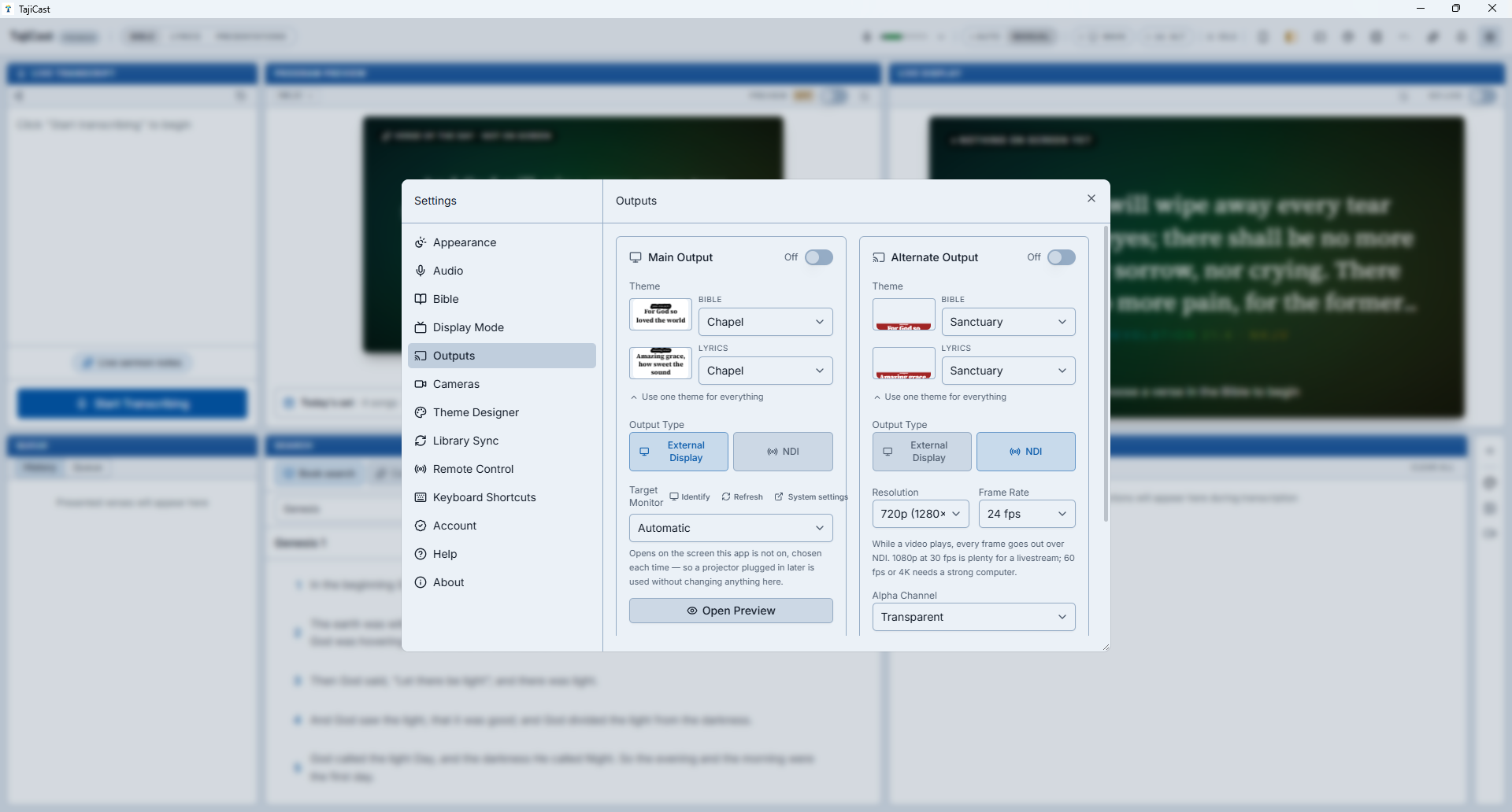 TajiCast Outputs settings with Main Output set to External Display and Alternate Output set to NDI, each with its own Bible and Lyrics theme