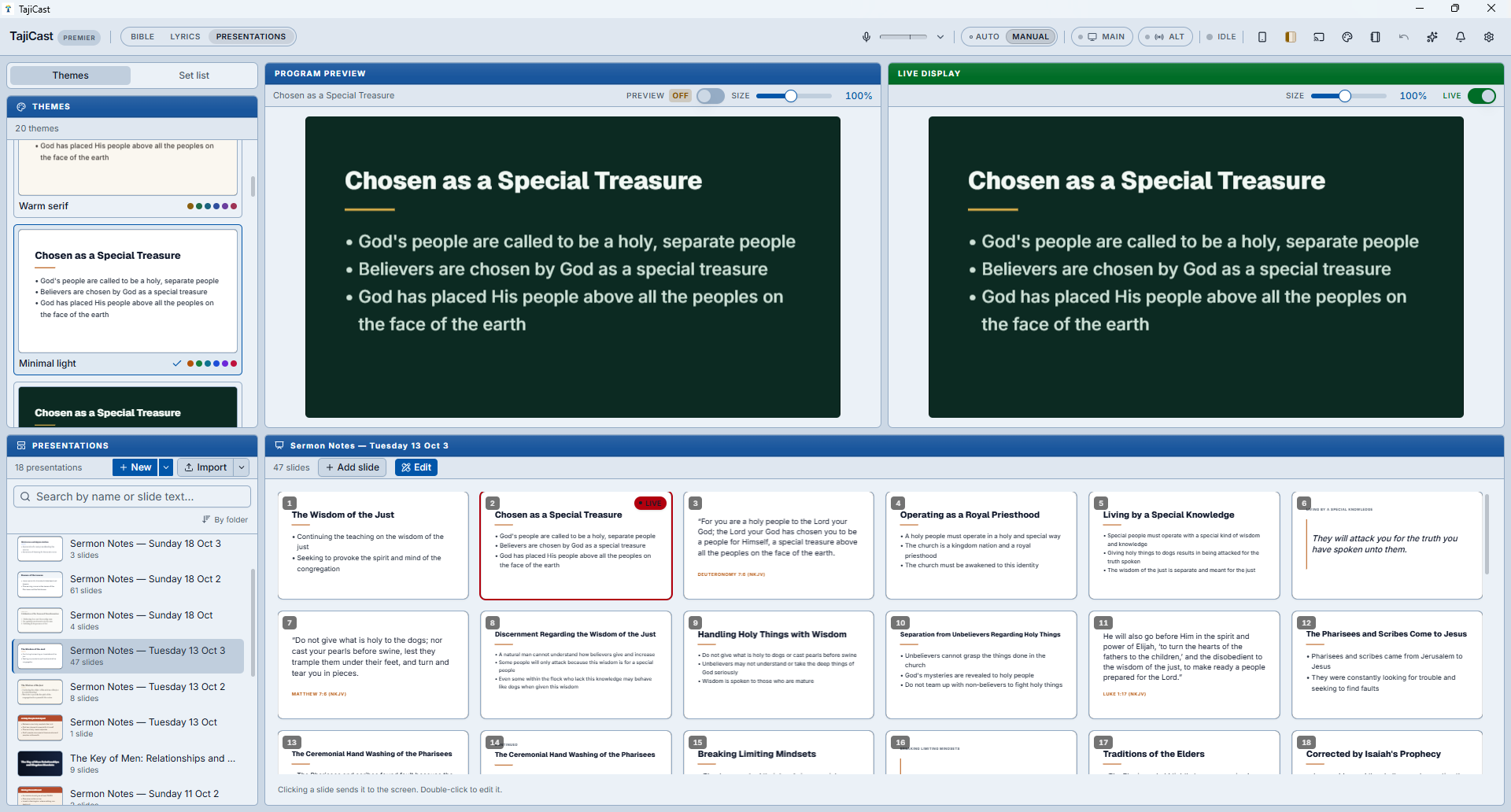 The TajiCast Presentations workspace: deck themes on the left, the list of presentations beneath, Program Preview and Live Display, and the slides of a sermon-notes deck along the bottom