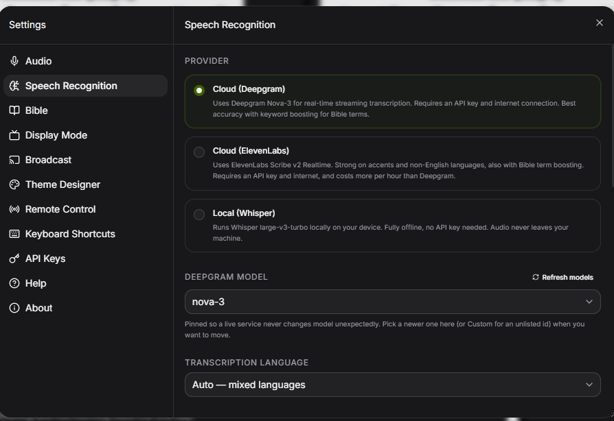 TajiCast speech recognition settings with Cloud Deepgram selected, plus the Deepgram model and transcription language