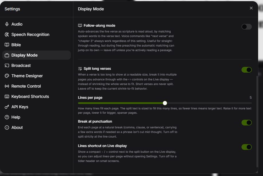 TajiCast settings for splitting long verses, with lines per page and break at punctuation options